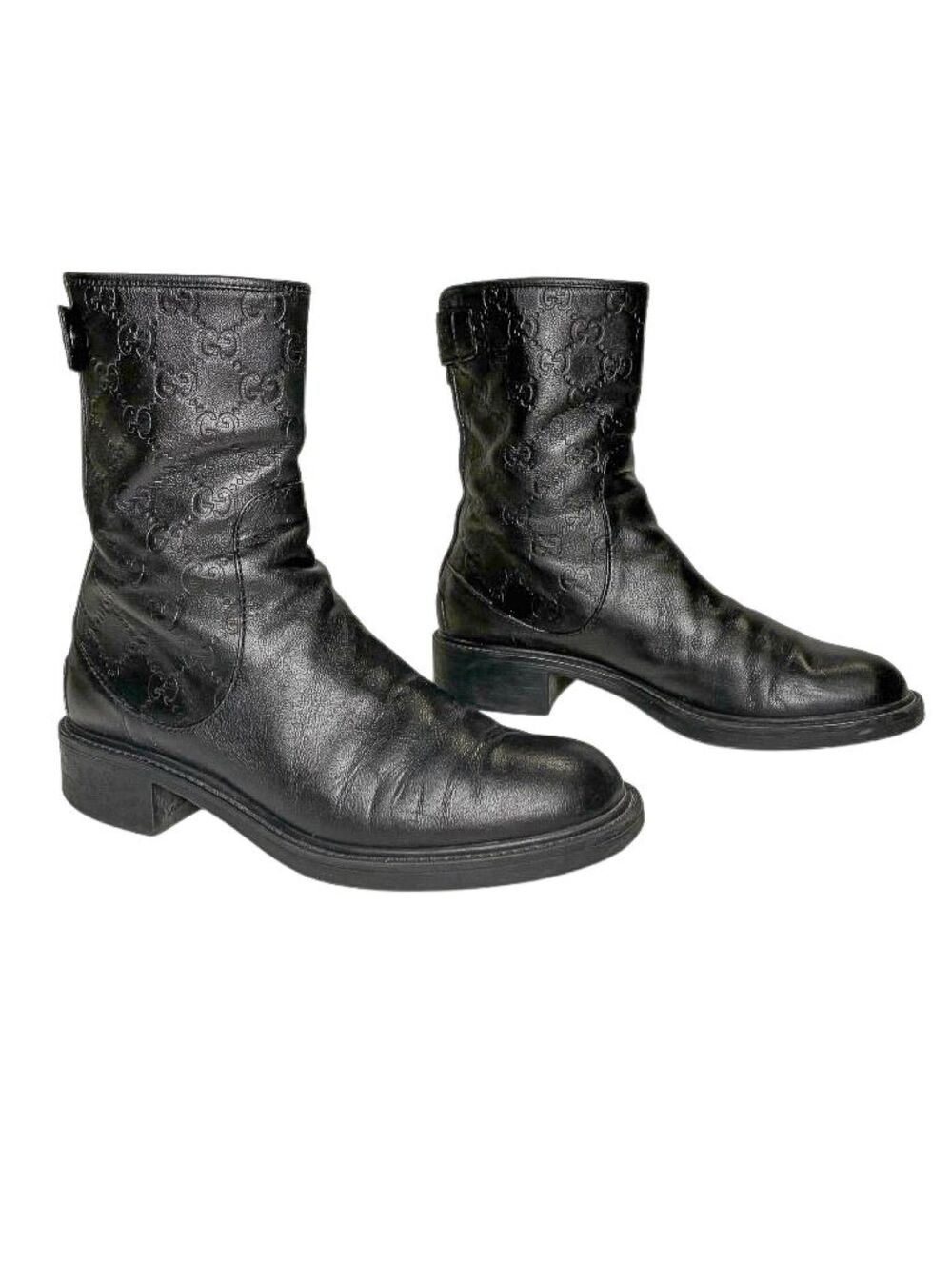 Gucci Guccissima Double G Embossed Logo Moto Boots Black Leather Zip Up EU 37